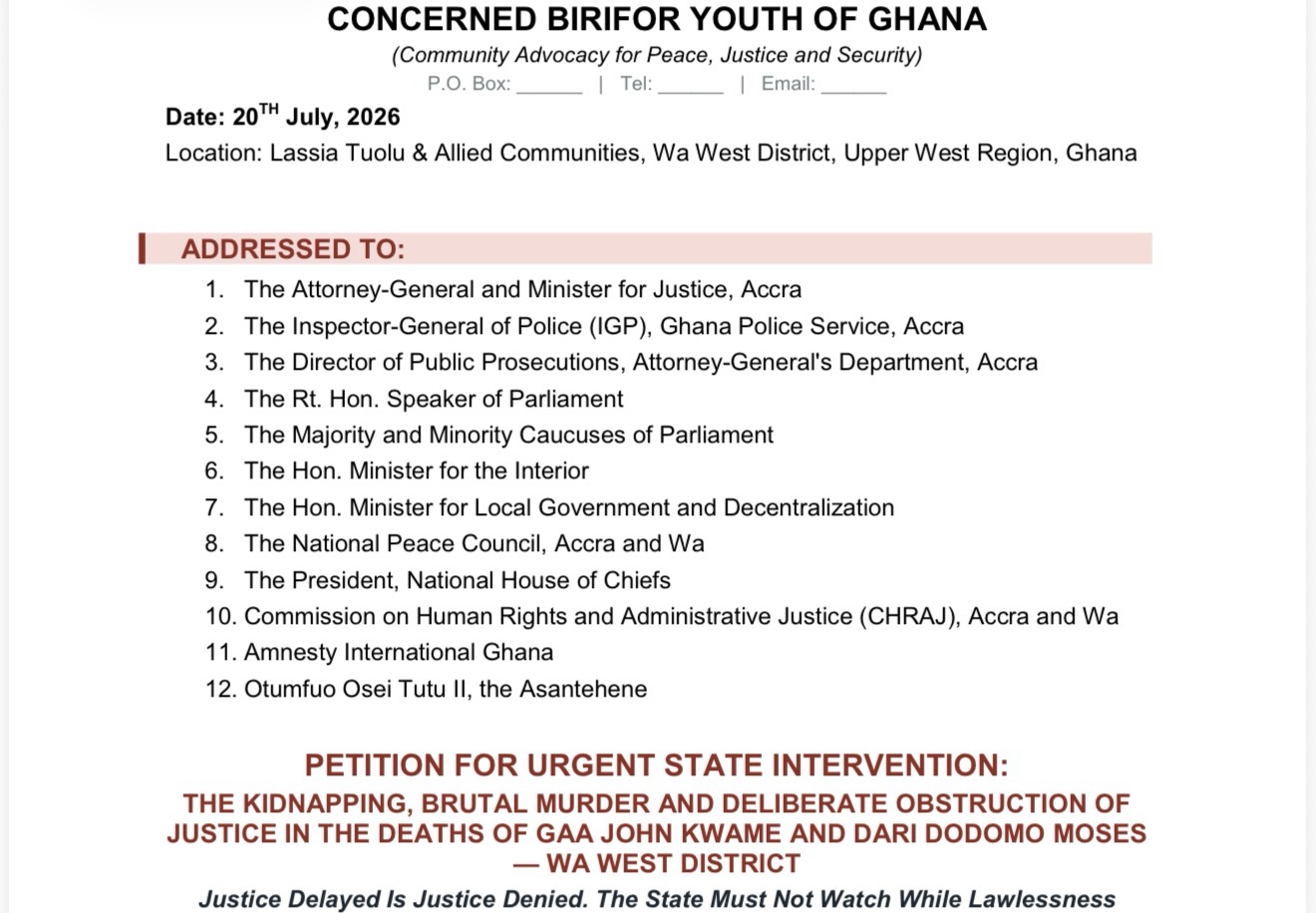 CONCERNED BIRIFOR YOUTH OF GHANA&nbsp;PETITION THE PRESIDENT JOHN DRAMANI MAHAMA FOR URGENT STATE INTERVENTION